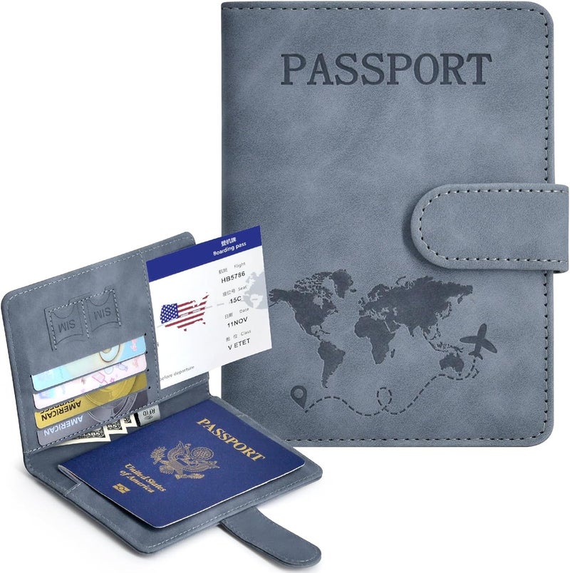 KAOBAN Passport Holder, Passport Cover with Credit Card Slot and Boarding Pass Slot Combo, Passport Wallet Case Book Travel Must Have, RFID Blocking Leather Travel Accessories, Navy Grey - Image 2